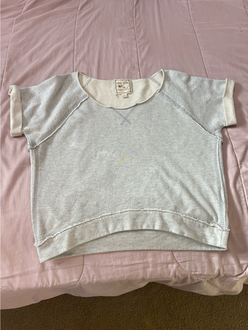 Pink Rose Cream Short Sleeve Pullover Sweatshirt